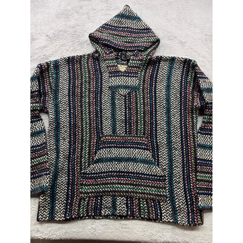 Baja Joe Mens Large Hoodie Multicolor Striped Mexican 90's Y2K‎ Poncho Pullover